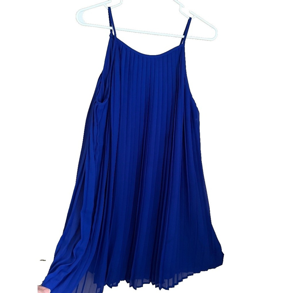 Vtg Vanilla Bay Royal Blue Pleated Swing Dress Size L Sleeveless Mini Boho